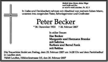 Traueranzeige von Peter Becker 