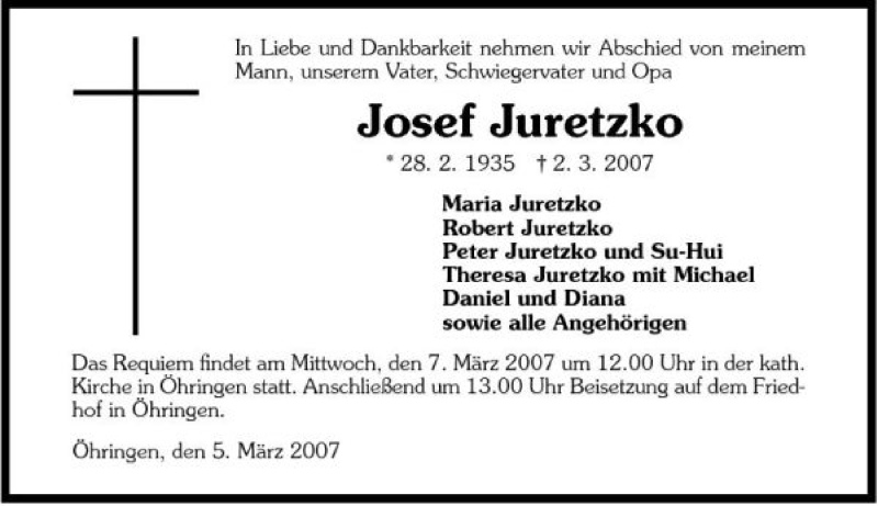  Traueranzeige für Josef Juretzko vom 05.03.2007 aus 