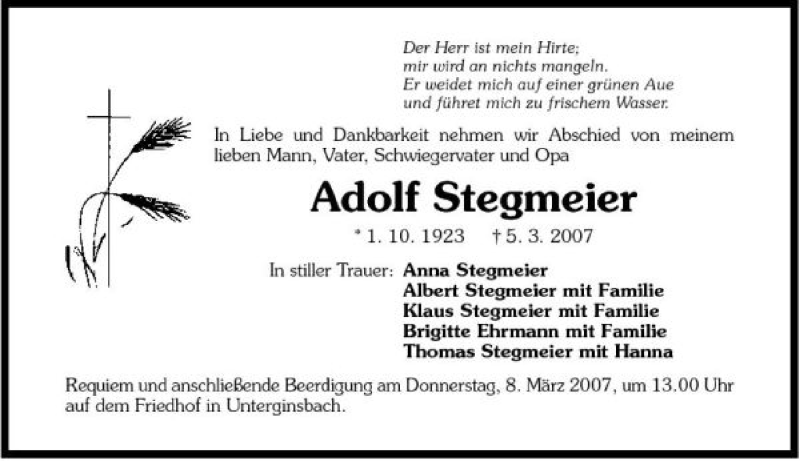  Traueranzeige für Adolf Stegmeier vom 07.03.2007 aus 