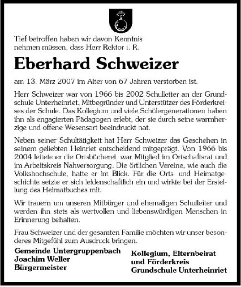  Traueranzeige für Eberhard Schweizer vom 16.03.2007 aus 