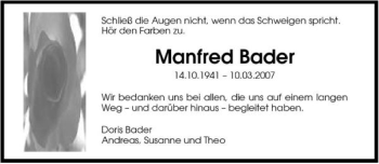 Traueranzeige von Manfred Bader 
