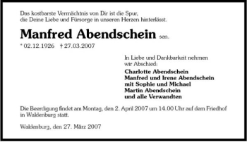 Traueranzeige von Manfred Abendschein 