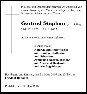 Traueranzeige von Gertrud Stephan 