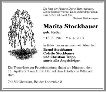 Traueranzeige von Marita Stockbauer 