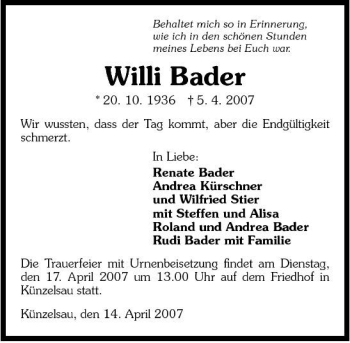 Traueranzeige von Willi Bader 