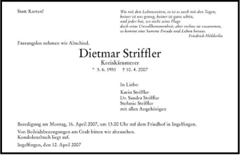 Traueranzeige von Dietmar Striffler 