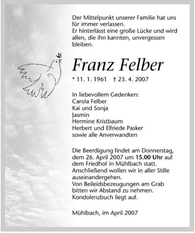  Traueranzeige für Franz Felber vom 25.04.2007 aus 