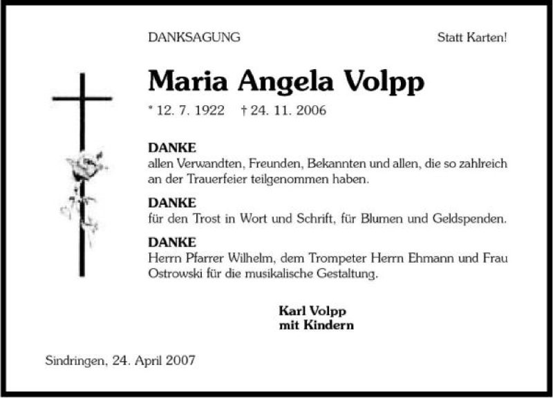  Traueranzeige für Maria Angela Volpp vom 26.04.2007 aus 