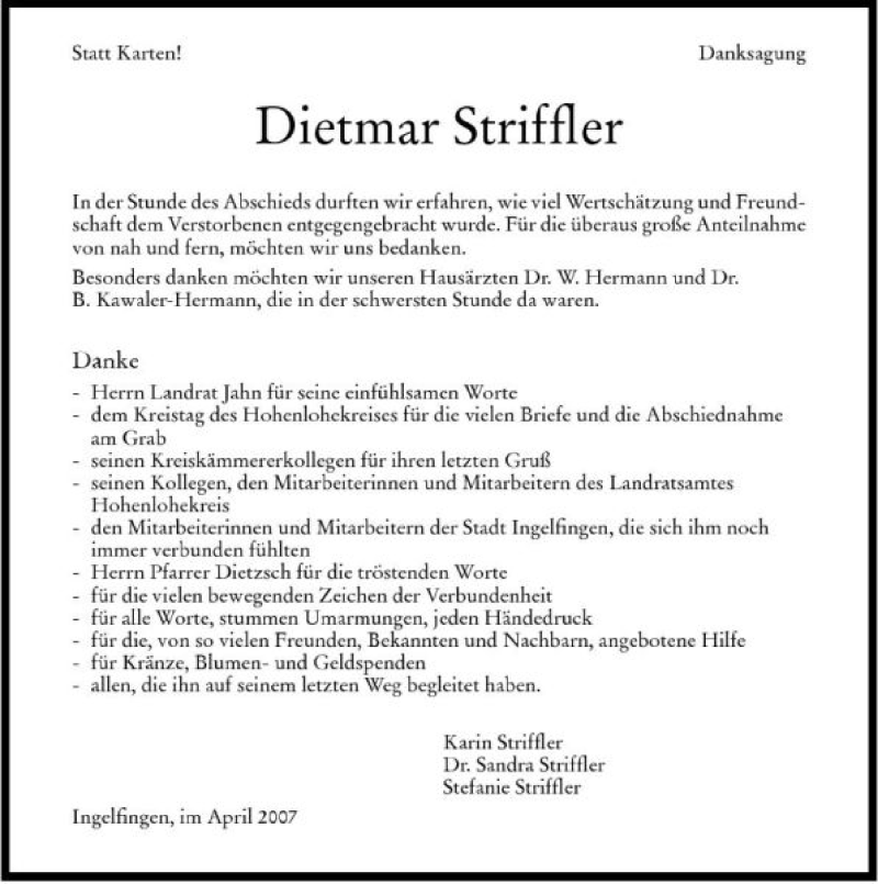  Traueranzeige für Dietmar Striffler vom 28.04.2007 aus 