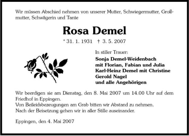  Traueranzeige für Rosa Demel vom 05.05.2007 aus 