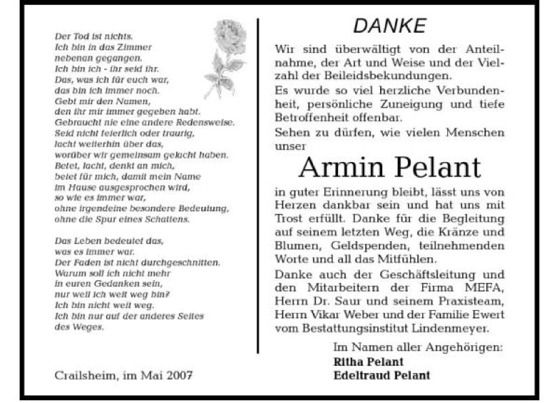  Traueranzeige für Armin Pelant vom 10.05.2007 aus 