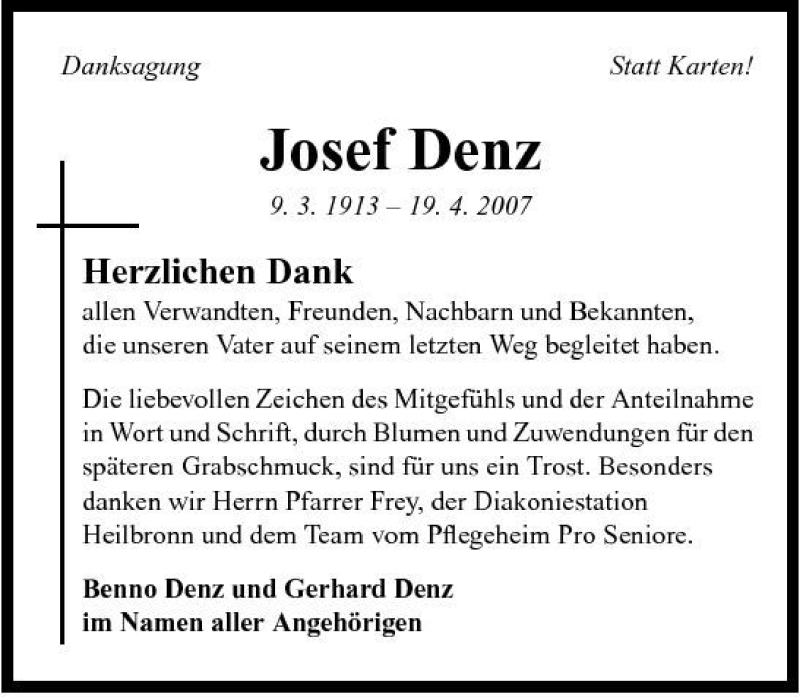  Traueranzeige für Josef Denz vom 16.05.2007 aus 