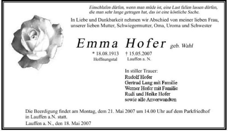  Traueranzeige für Emma Hofer vom 18.05.2007 aus 