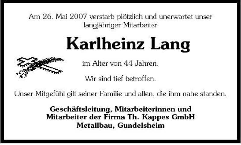  Traueranzeige für Karlheinz Lang vom 30.05.2007 aus 