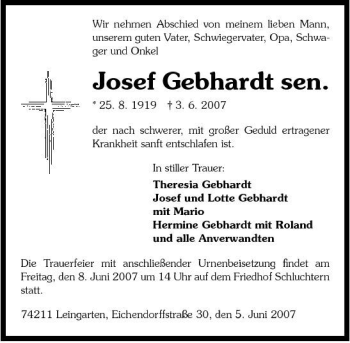 Traueranzeige von Josef Gebhardt 