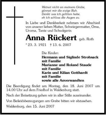 Traueranzeige von Anna Rückert 