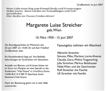 Traueranzeige von Margarete Luise Streicher 