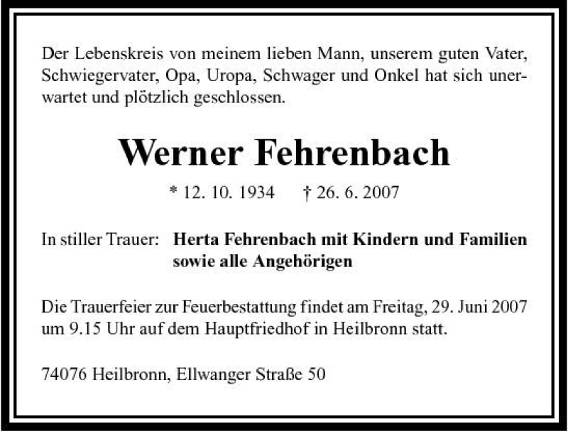  Traueranzeige für Werner Fehrenbach vom 27.06.2007 aus 