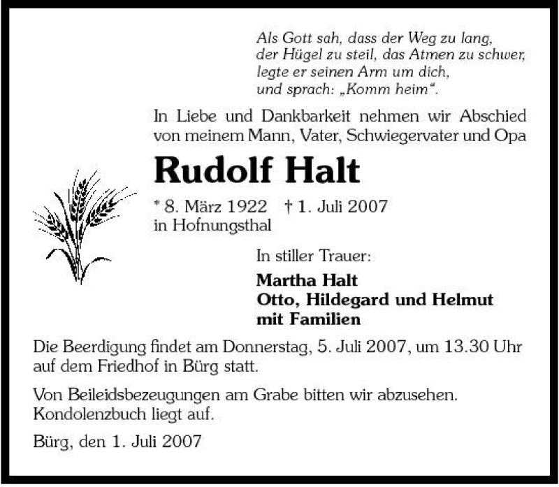  Traueranzeige für Rudolf Halt vom 03.07.2007 aus 