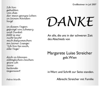 Traueranzeige von Margarete Luise Streicher 