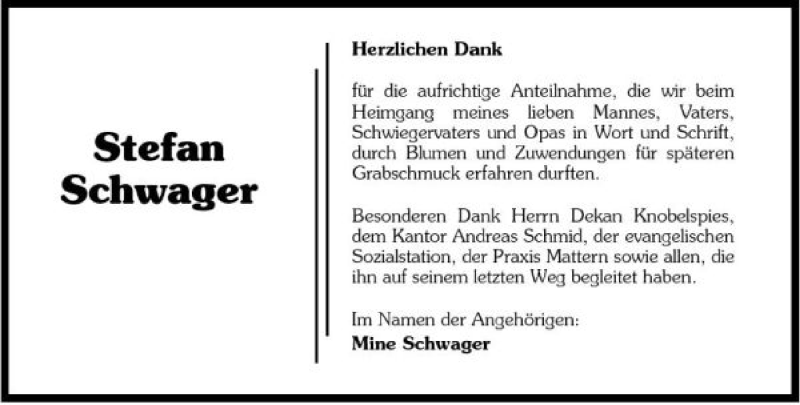  Traueranzeige für Stefan Schwager vom 04.08.2007 aus 
