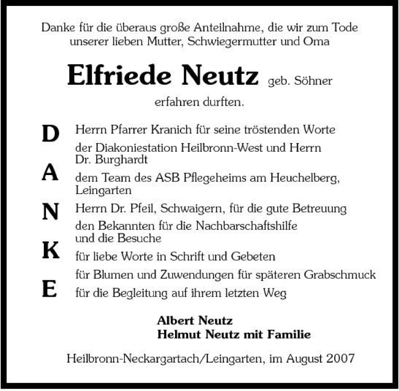  Traueranzeige für Elfriede Neutz vom 08.08.2007 aus 