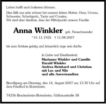 Traueranzeige von Anna Winkler 