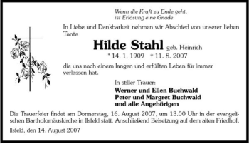Traueranzeige von Hilde Stahl 