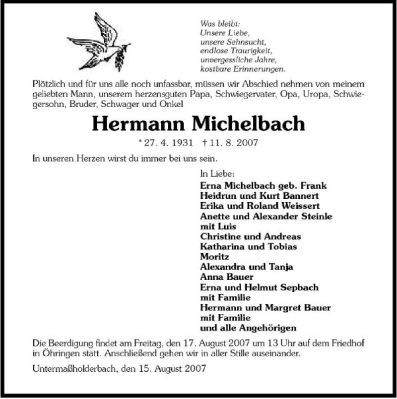  Traueranzeige für Hermann Michelbach vom 15.08.2007 aus 