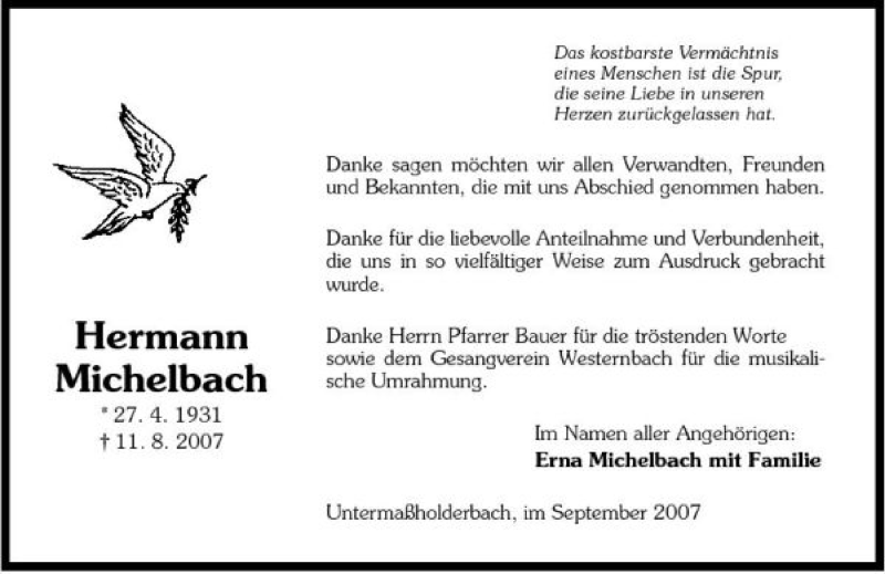  Traueranzeige für Hermann Michelbach vom 07.09.2007 aus 