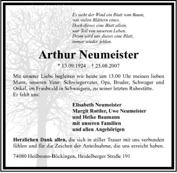 Traueranzeige von Arthur Neumeister 