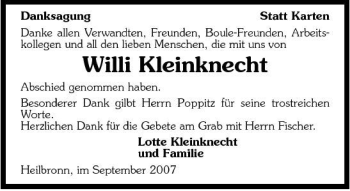 Traueranzeige von Willi Kleinknecht 