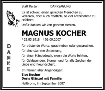 Traueranzeige von Magnus Kocher 
