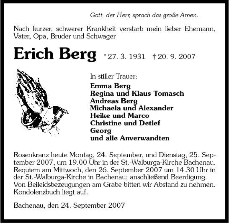  Traueranzeige für Berg Erich vom 24.09.2007 aus 