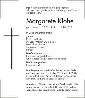 Traueranzeige von Margarete Klohe 