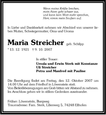 Traueranzeige von Maria Streicher 