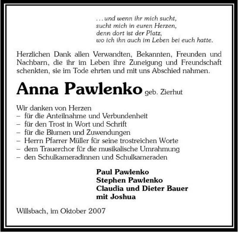  Traueranzeige für Anna Pawlenko vom 03.11.2007 aus 