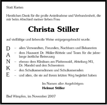 Traueranzeige von Christa Stiller 