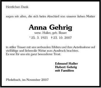 Traueranzeige von Anna Gehrig 
