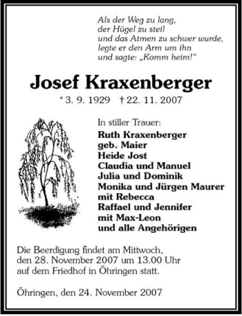 Traueranzeige von Josef Kraxenberger 