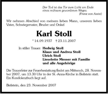 Traueranzeige von Karl Stoll 