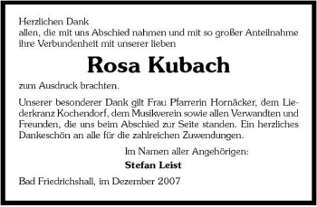 Traueranzeige von Rosa Kubach 