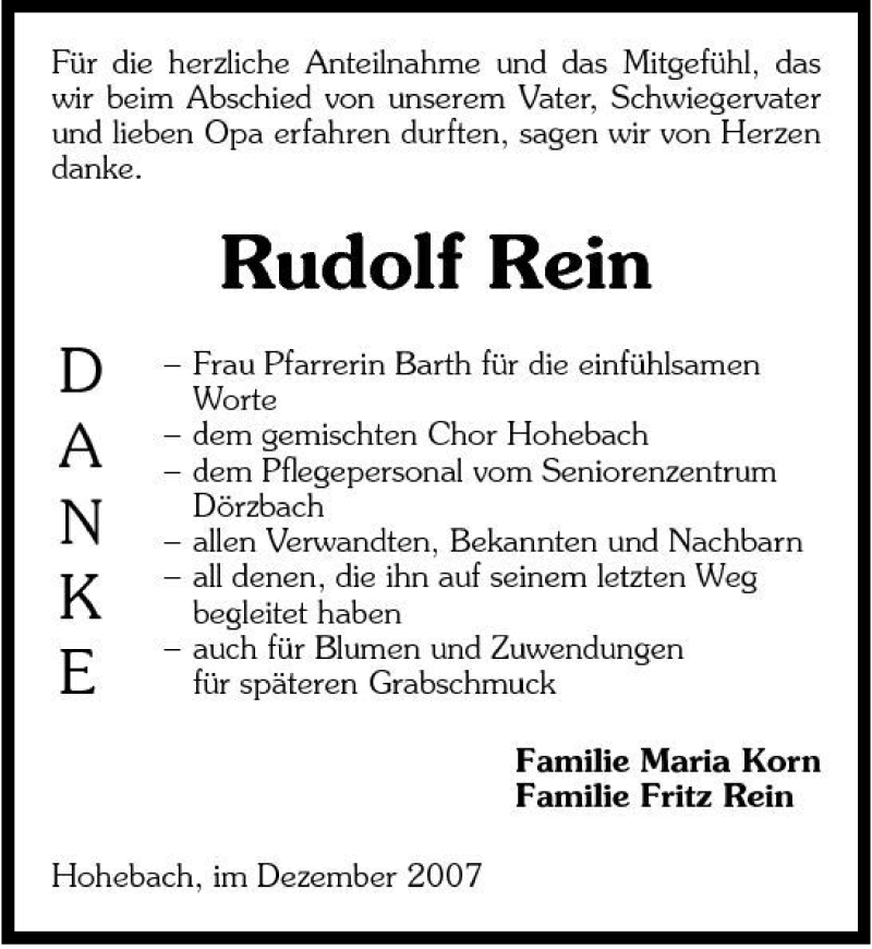 Traueranzeige für Rudolf Rein vom 01.12.2007 aus 