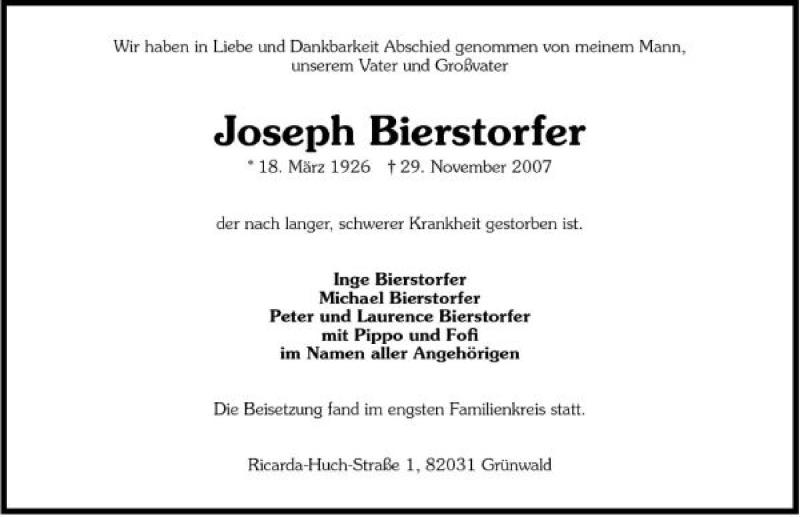  Traueranzeige für Josef Bierstorfer vom 04.12.2007 aus 