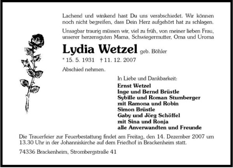  Traueranzeige für Lydia Wetzel vom 13.12.2007 aus 