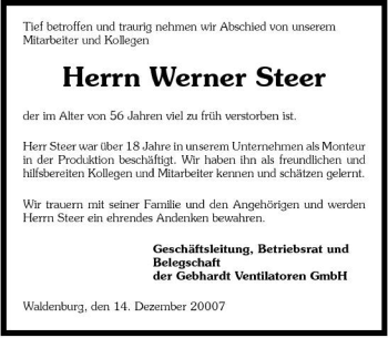 Traueranzeige von Werner Steer 
