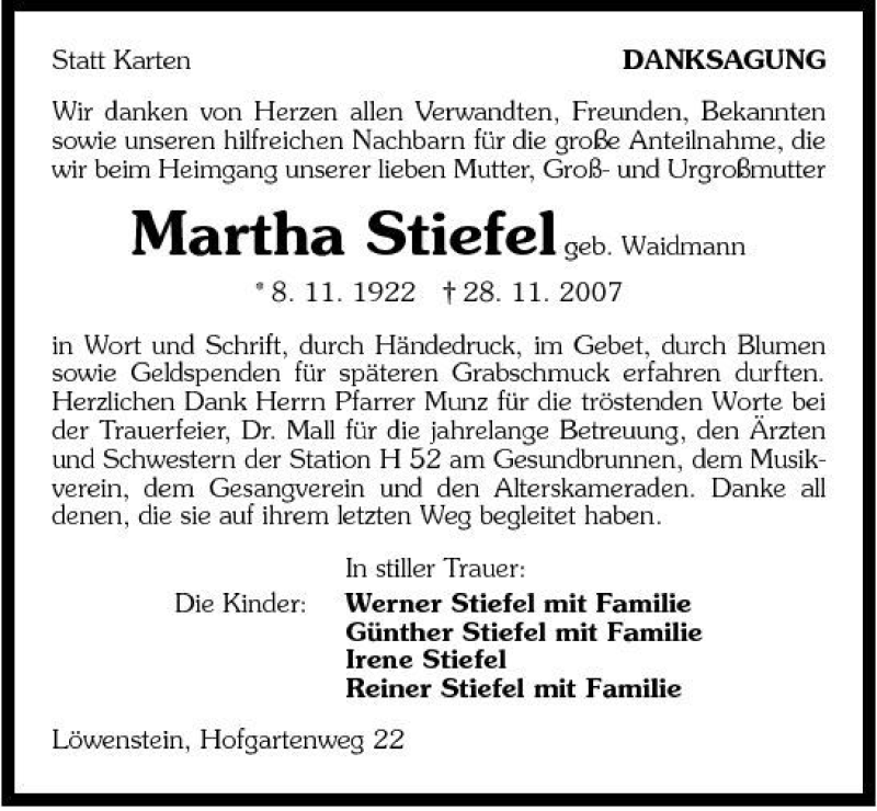  Traueranzeige für Martha Stiefel vom 18.12.2007 aus 
