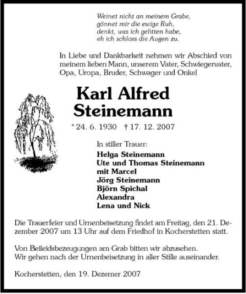  Traueranzeige für Karl Steinemann vom 19.12.2007 aus 