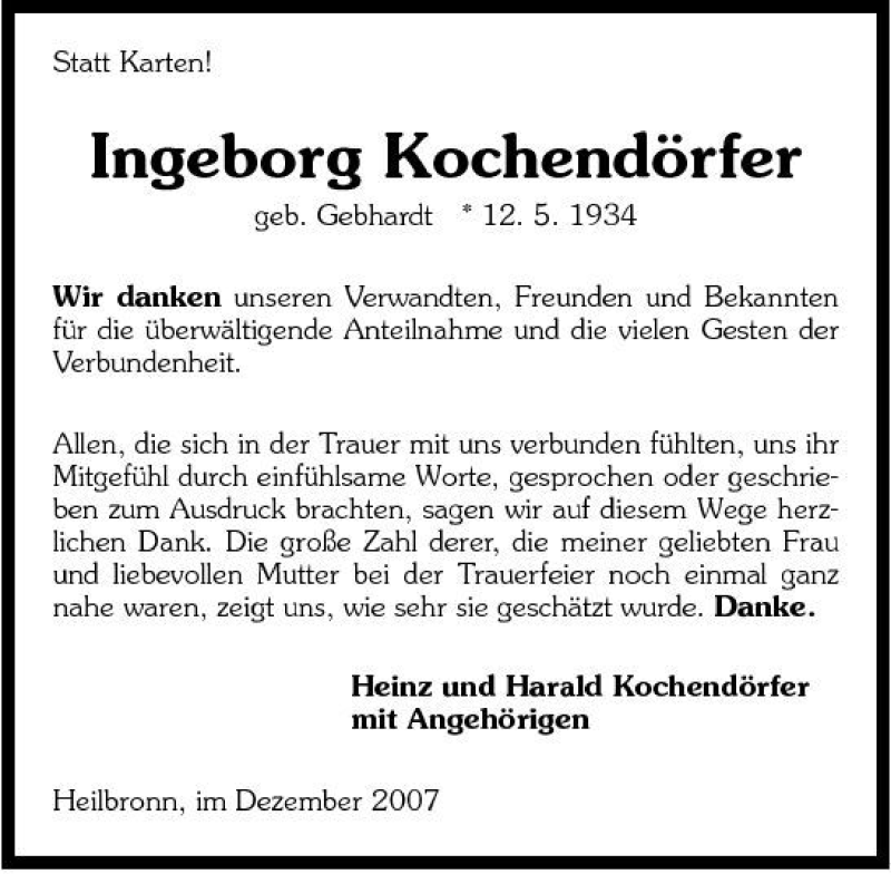 Traueranzeige für Ingeborg Kochendörfer vom 29.12.2007 aus 