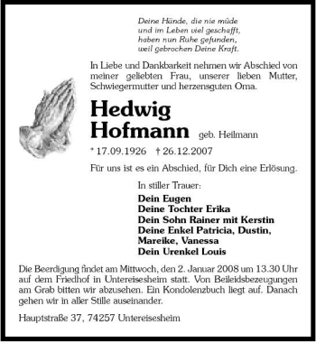 Traueranzeige von Hedwig Hofmann 